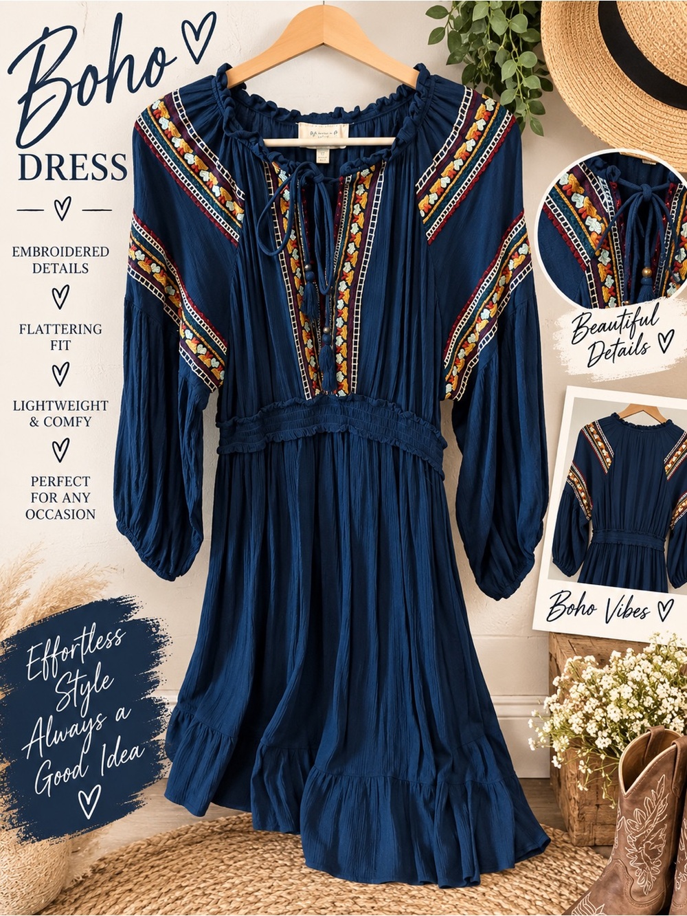 Boho Embroidered Teal Mini Dress